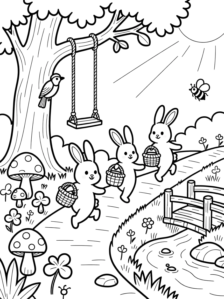 [Enchanted Forest] A cheerful family of rabbits hops along a winding forest trail, baskets in paw for a woodland picnic. A woodpecker taps at a tree trunk overhead as bumblebees buzz around a patch of clover. The path winds past a giant oak tree with a rope swing, colorful toadstools, and a bubbling brook crossed by a small wooden bridge. Soft afternoon light glows through the branches as fireflies begin to twinkle near the undergrowth.
