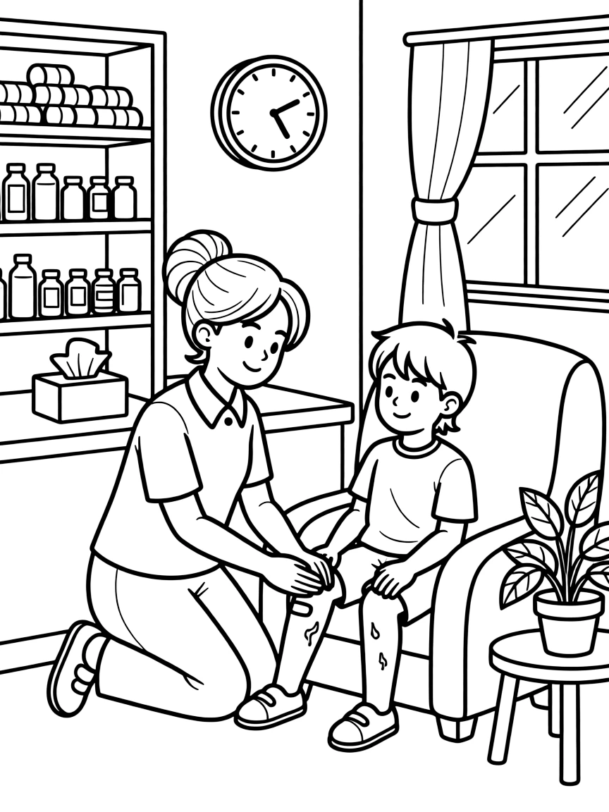 A school nurse places a colorful bandage on a student's scraped knee in a cozy office.