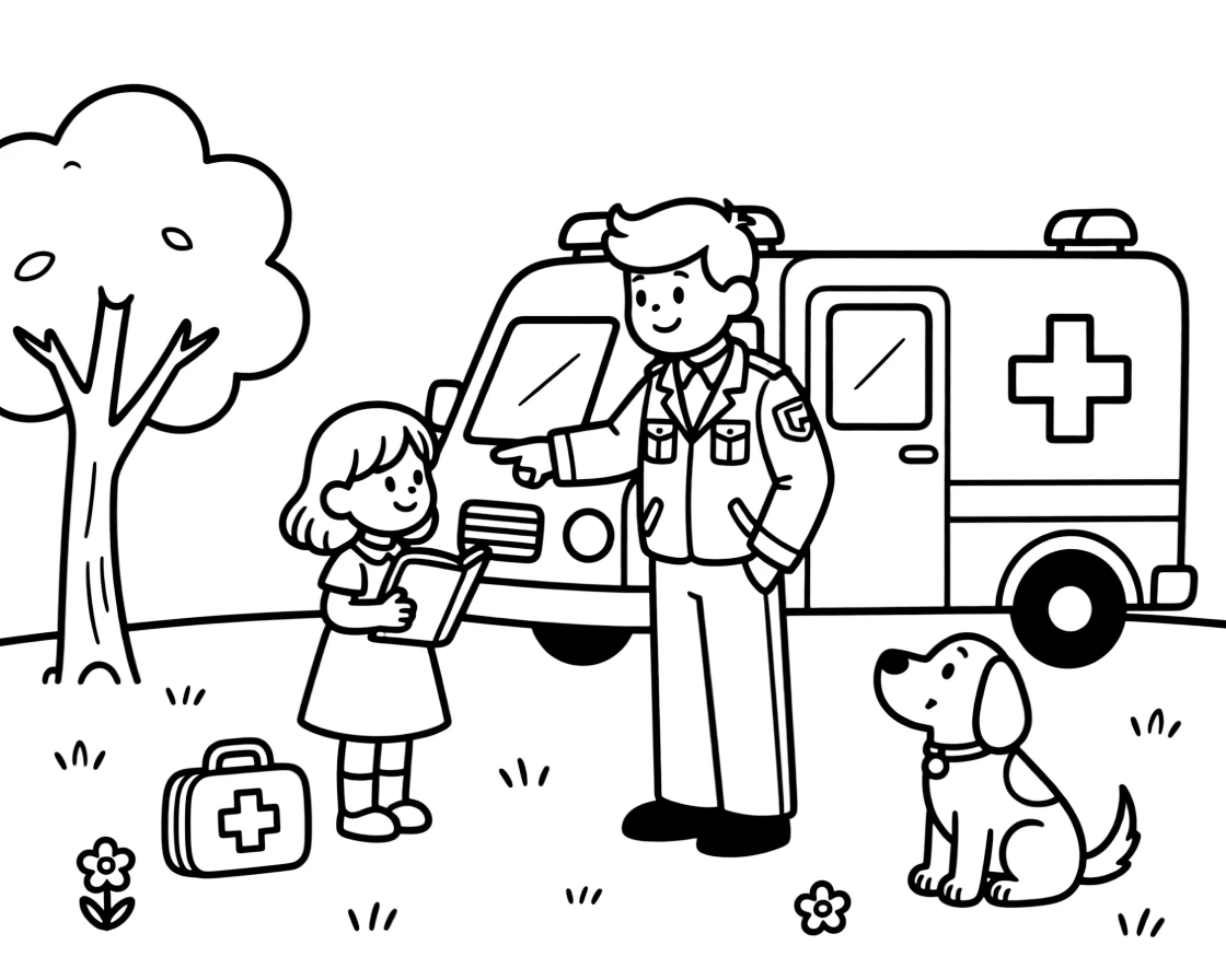 A little sister learning about an ambulance from a paramedic while a friendly dog wags its tail.