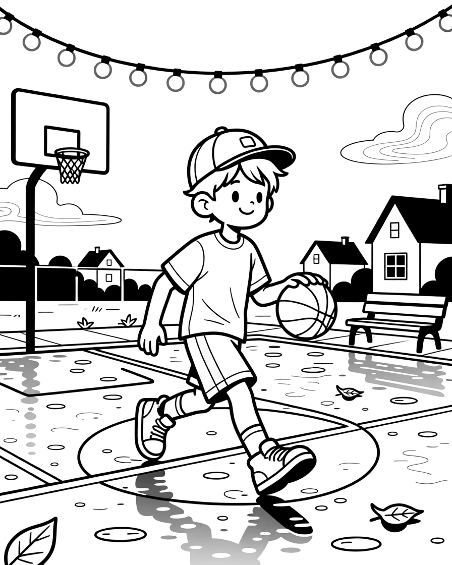 A confident boy wearing a bright cap, dribbling down a rain-slicked street court under glowing string lights at dusk.
