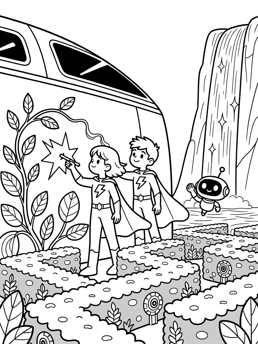 Twin superhero siblings Nebula (electric) and Bolt (plant-controlling) painting a mural on the side of a spaceship using color-changing light beams, in a maze of glowing hedges in a robotic topiary garden, with a small robot sidekick cheering and a waterfall of sparkling light cascading down a cliff nearby.