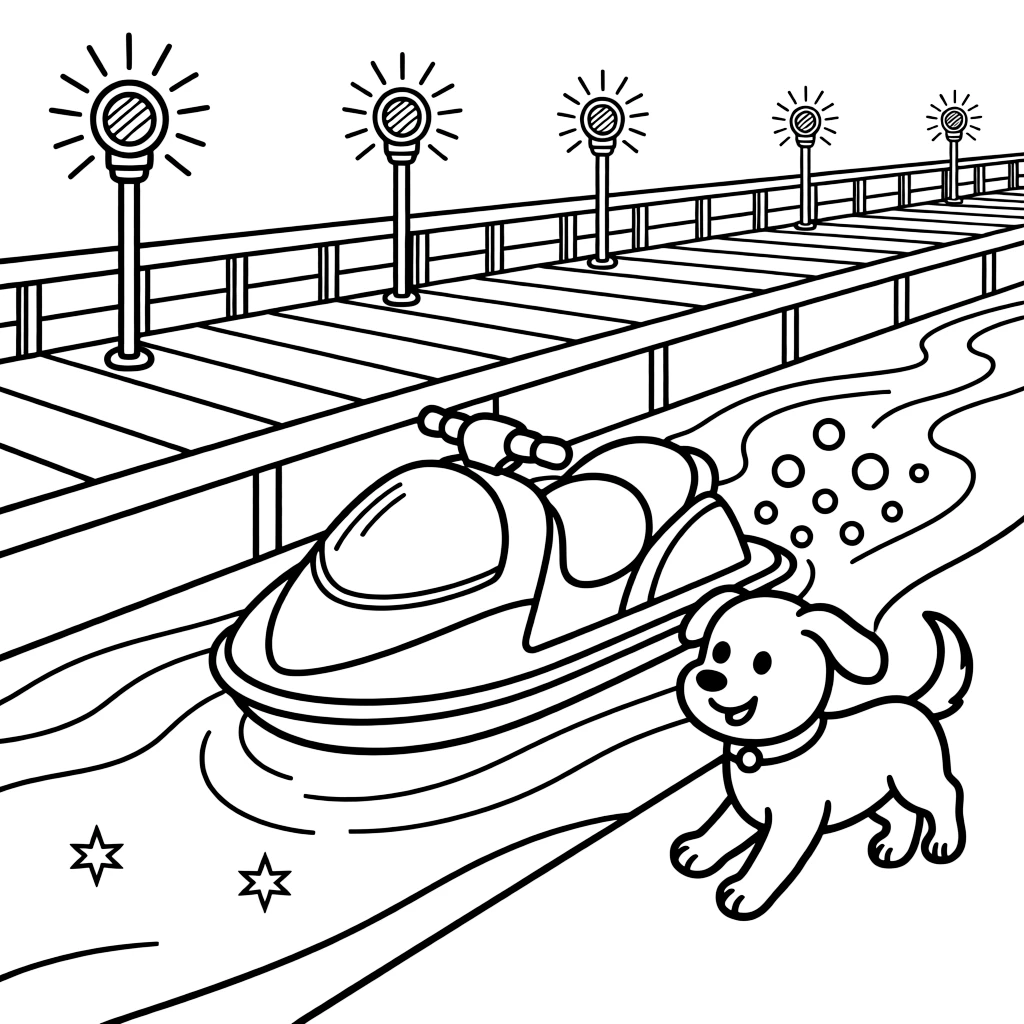 The scene captures an underwater hover-scooter trailing a stream of bubbles in the middle of a long bridge stretching over a sparkling river, with a friendly dog with its ears flapping in the wind nearby and a signal light blinking cheerfully sprinkled around for extra fun.
