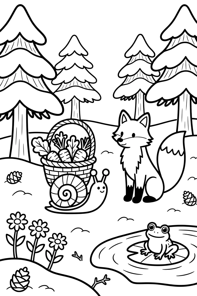 A snail in a snowy pine forest, carrying a basket of vegetables with a arctic fox, next to a bed of daisies, while a curious frog watches from a lily pad.