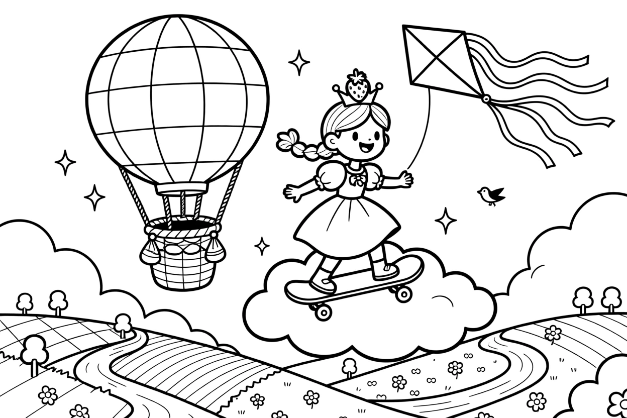 A brave strawberry princess takes a break from adventures to try riding a skateboard carved from a fluffy cloud on a hot air balloon ride over a patchwork valley, with a kite tail fluttering with colorful ribbons close behind. Sparkles and stars fill the air with magic.