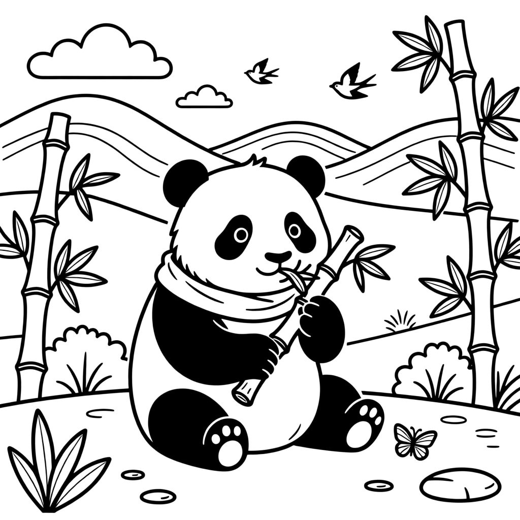 A coloring page of a gentle nature scene in China featuring a giant panda munching on a thick stalk of bamboo, surrounded by plants, rolling hills, and a bright sky.