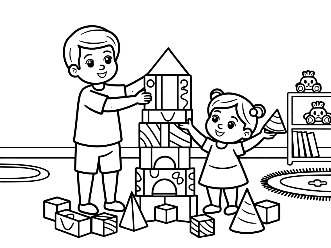 a cheerful older brother and his little sister stacks colorful building blocks shaped like cubes, cones, and pyramids into a tall tower.