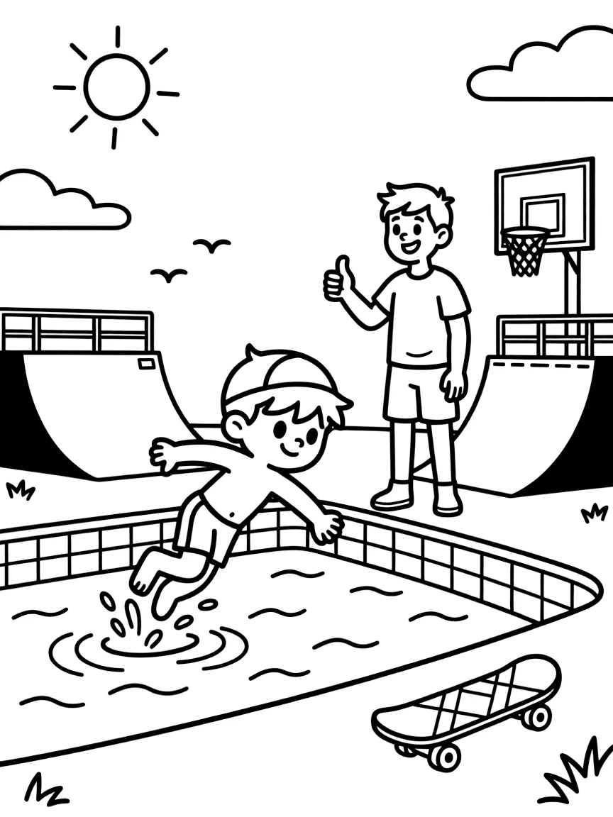 [Sports] a young swimmer diving in diving into a pool at a skate park, gasping in amazement, while a coach gives a thumbs-up nearby fills the surrounding area. A goal or hoop stands ready in the frame. Set at high noon, under clear blue skies, the page bursts with adventure and imagination.