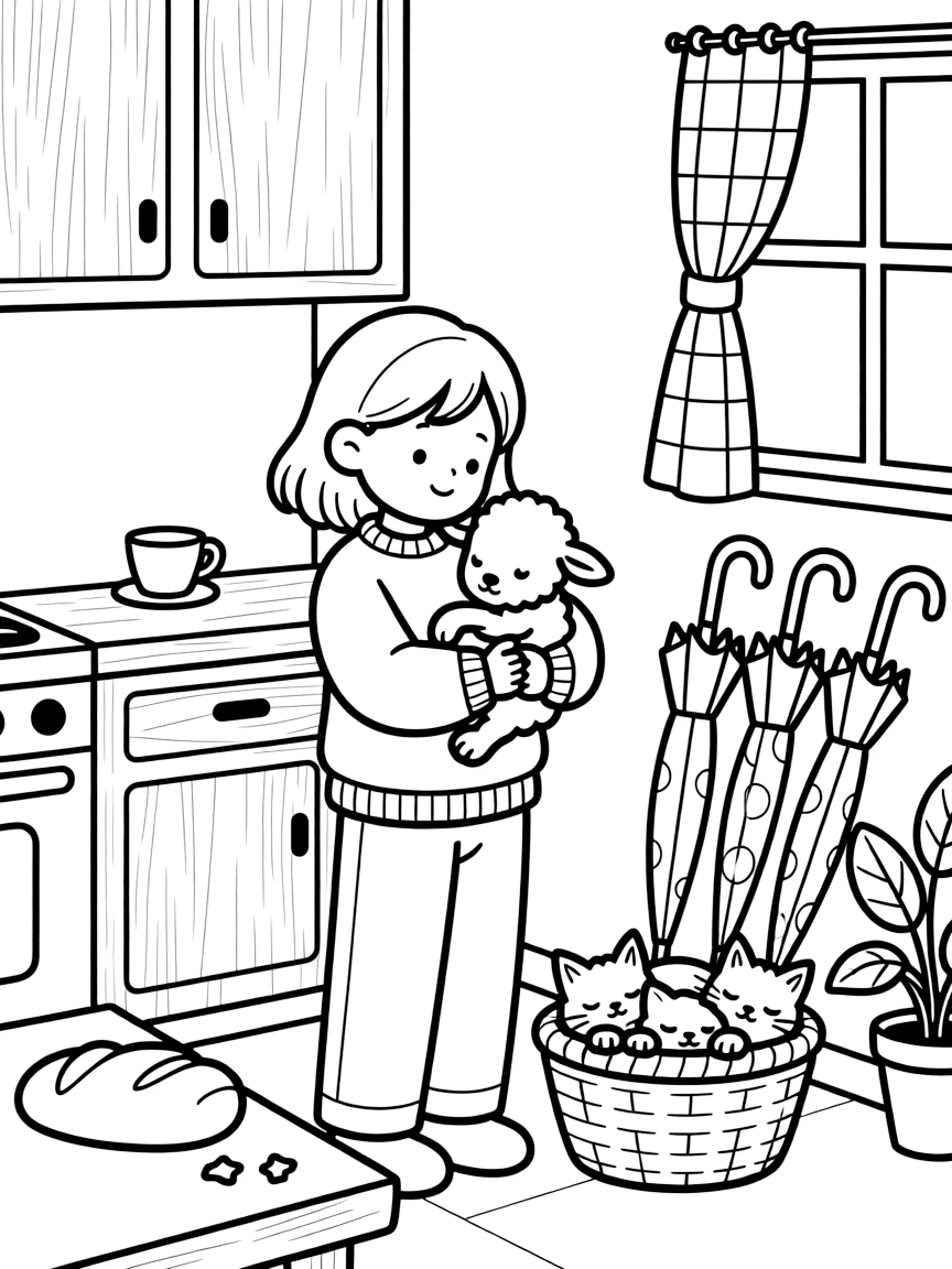 A girl photographer with an old-fashioned camera is cuddling a newborn farm animal in a cozy kitchen filled with the smell of fresh bread. Nearby, a row of colorful umbrellas and a basket of sleepy kittens curled together fill the page with charm.