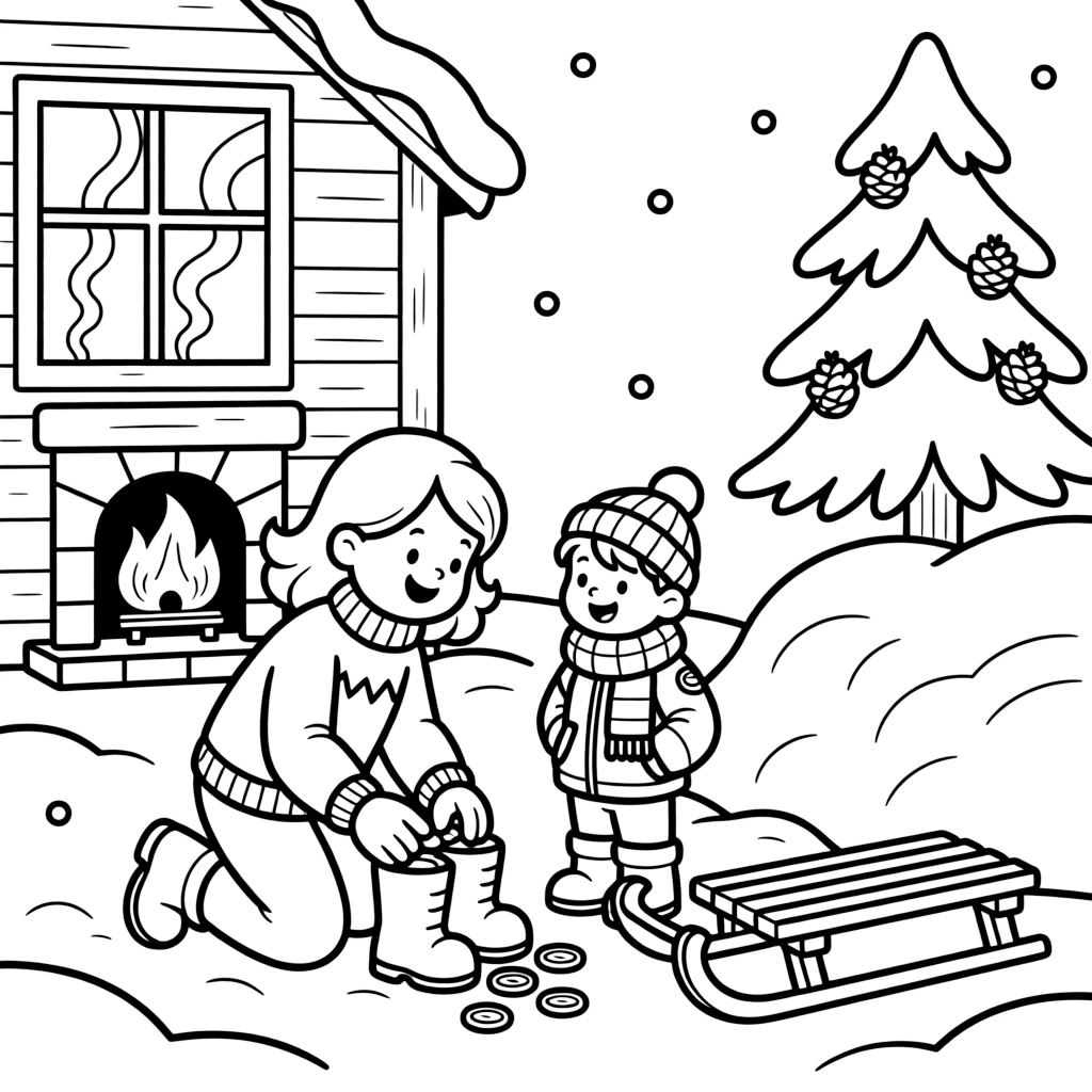 Children finding chocolate coins in their boots in a cozy cabin with a crackling fireplace, with a big sister and her little brother playing close by amid a snow-covered pine tree and a sled leaning against a snowbank.