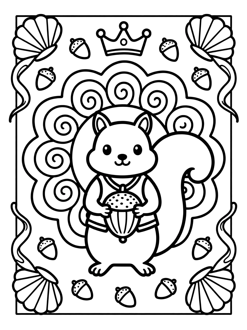Woodland Animals: The page presents a small themed scene built around a chipmunk holding a fat acorn in both paws, tied together by a shell-spiral mandala coiling outward in smooth turns. The scene is set within a framed scene where every element on one side is echoed by a twin on the opposite side. Decorative details fill the surrounding space, including overlapping scalloped shells, loops of ribbon curling back on themselves, and clusters of tiny acorns woven throughout the background. A playful extra touch completes the page: a small crown resting just above the center of the design.