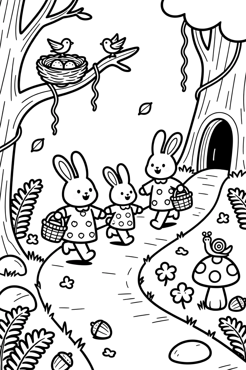 [Enchanted Forest] A cheerful family of rabbits hops along a winding forest trail, baskets in paw for a woodland picnic. Tiny birds build a nest in a low branch while a snail slowly climbs a nearby toadstool. Twisting vines hang from the branches above a hollow log den, surrounded by patches of ferns and clover. A gentle breeze rustles the leaves overhead, scattering a few petals across the forest floor.