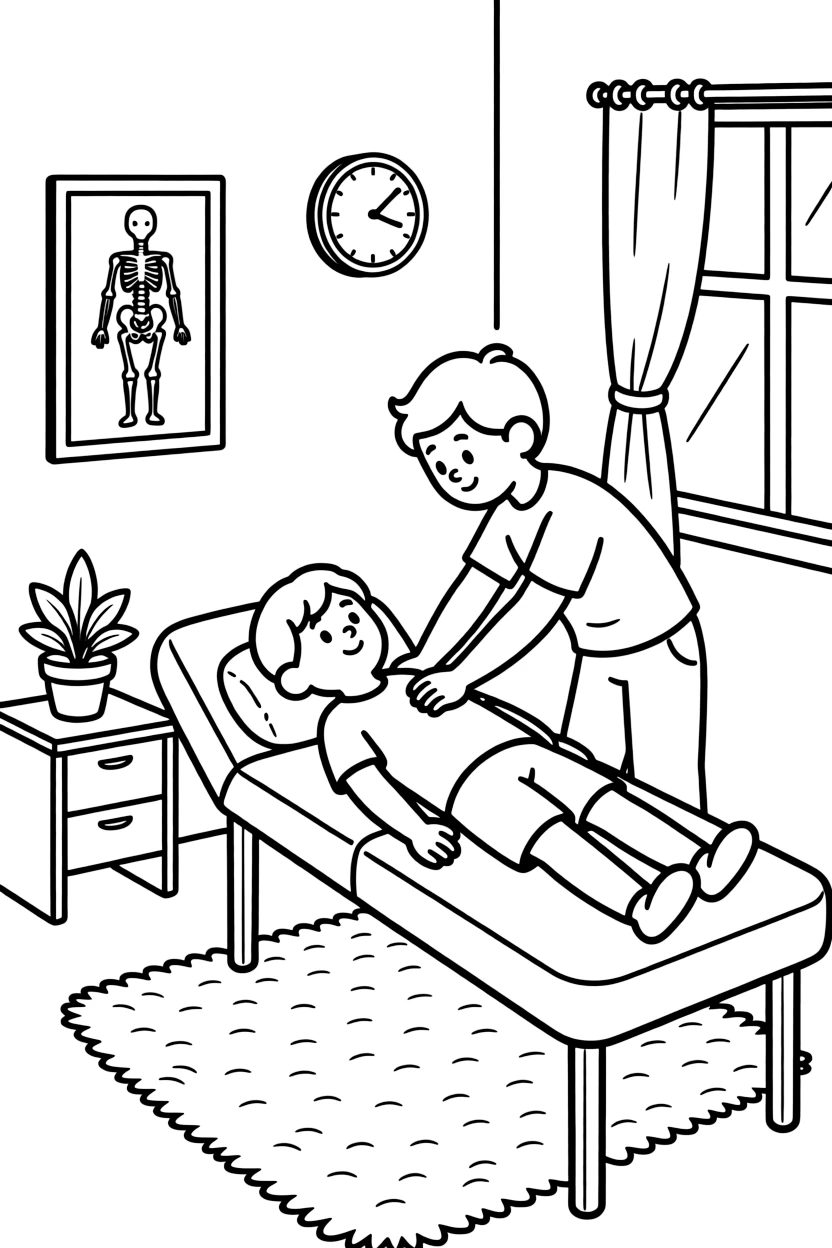 A chiropractor gently adjusts a patient's back on a padded treatment table.
