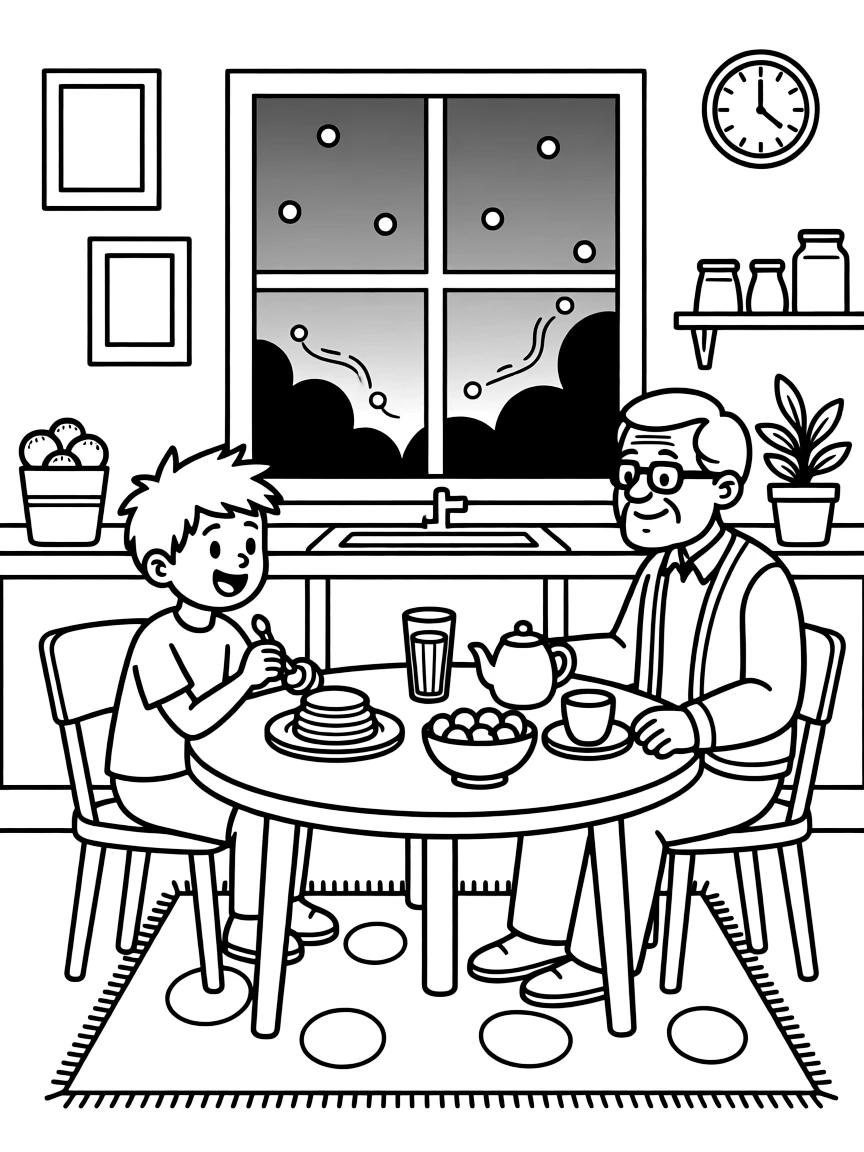 An energetic boy eating breakfast at the kitchen table with a grandfather with fireflies glowing at dusk.