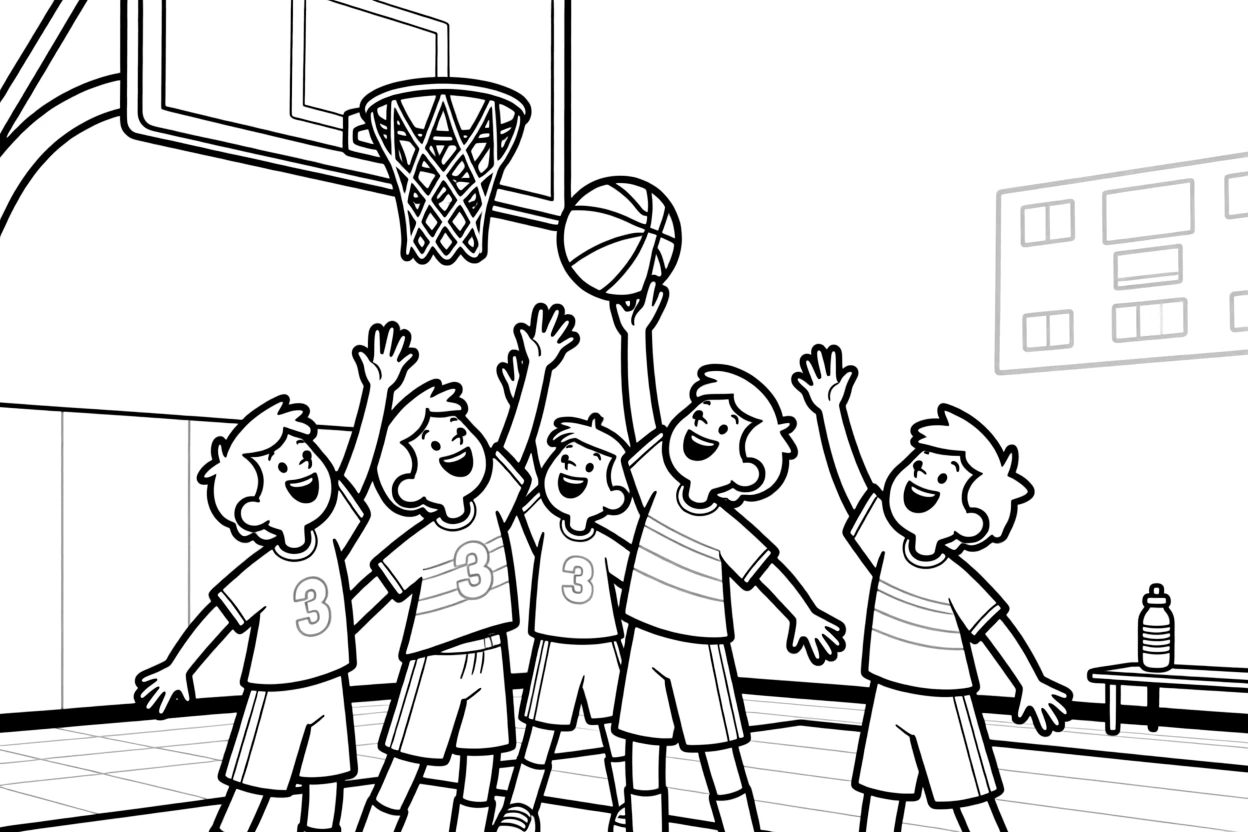 A group of classmates, grabbing a rebound high above the rim surrounded by reaching arms of both teams.