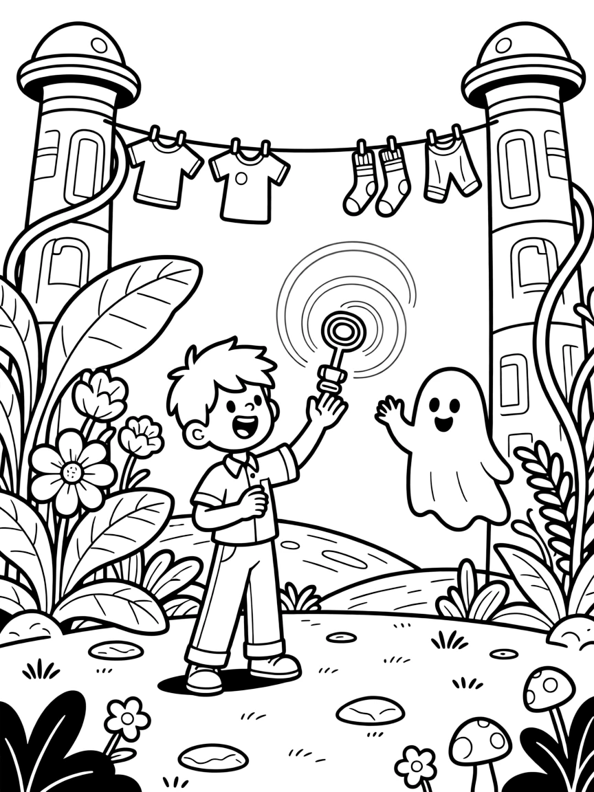 Inventor kid Photon testing a gravity-flip gadget practicing a magic trick with holographic light rings near a lush alien jungle planet with oversized glowing plants, surrounded by a friendly ghost-like hologram guide floating alongside and a line of laundry fluttering between two towers.