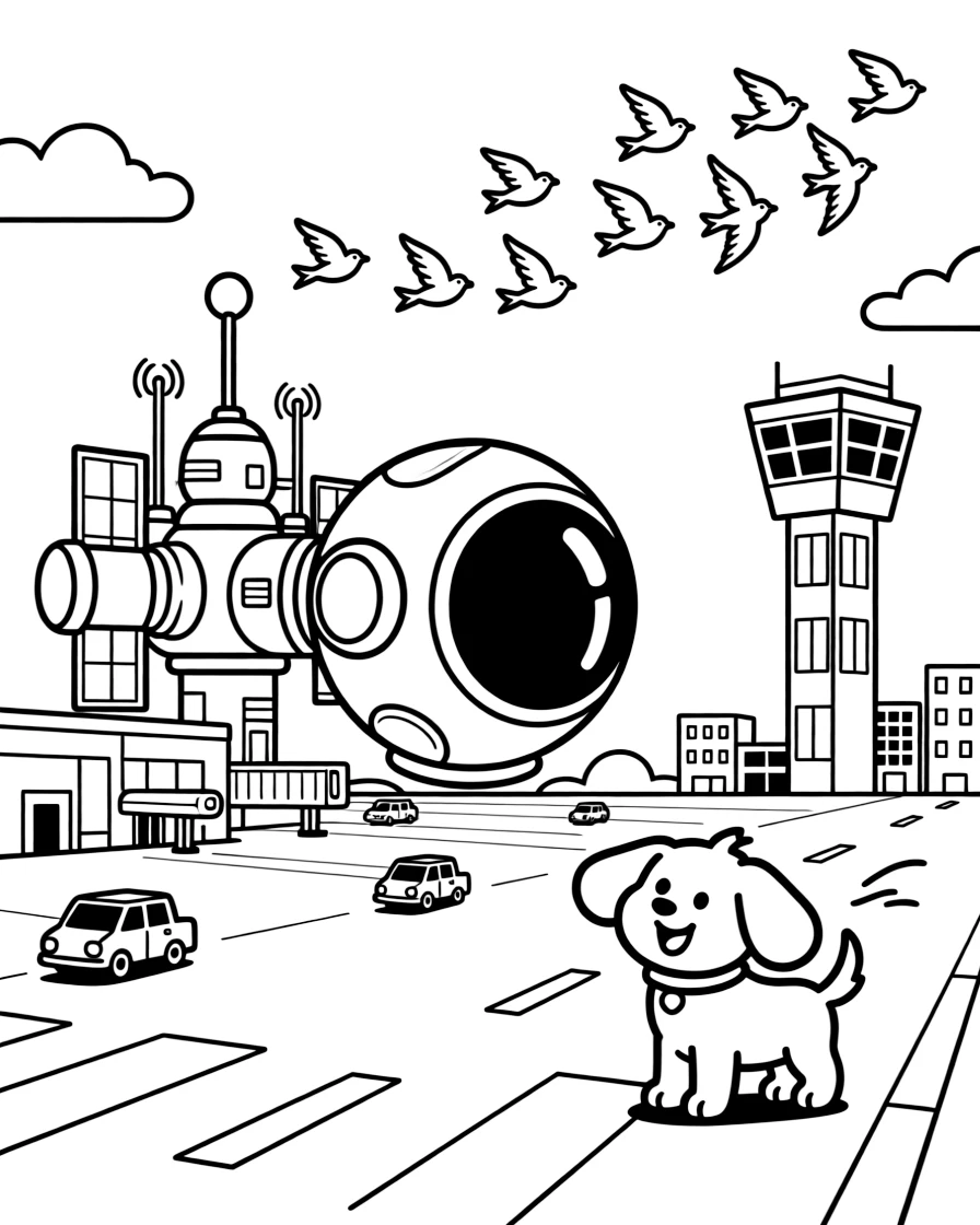 A round astronaut capsule floating near a space station is shown journeying through a busy airport runway with a control tower in the distance, with a friendly dog with its ears flapping in the wind close by and a flock of birds flying alongside in formation completing the lively scene.