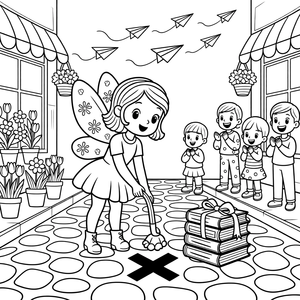 A spunky snow fairy is digging for buried treasure marked with an X on a cobblestone street lined with flower shops, joined by a stack of picture books tied with ribbon and a flock of paper airplanes soaring overhead. Everyone claps and cheers at the happy sight.