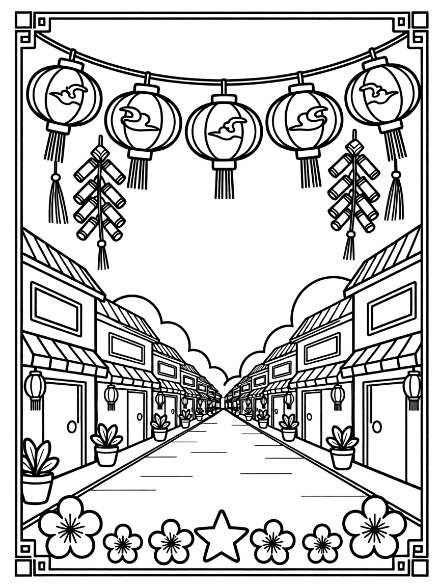 A coloring page featuring a string of red lanterns and firecrackers hanging above a festival street from China, framed by a simple border of flowers, stars, or geometric patterns from the region.