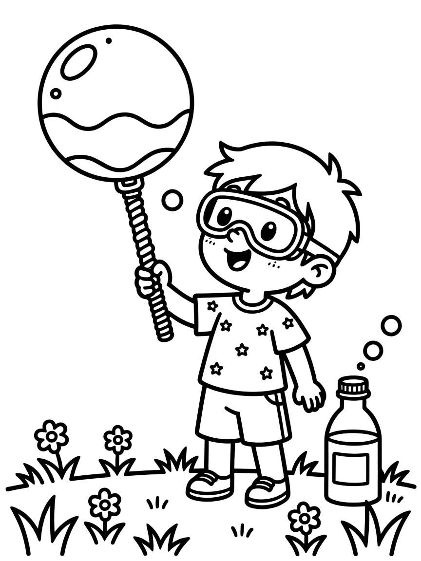 a mischievous small child in safety goggles blows a giant bubble using a homemade wand and studies its swirling colors.