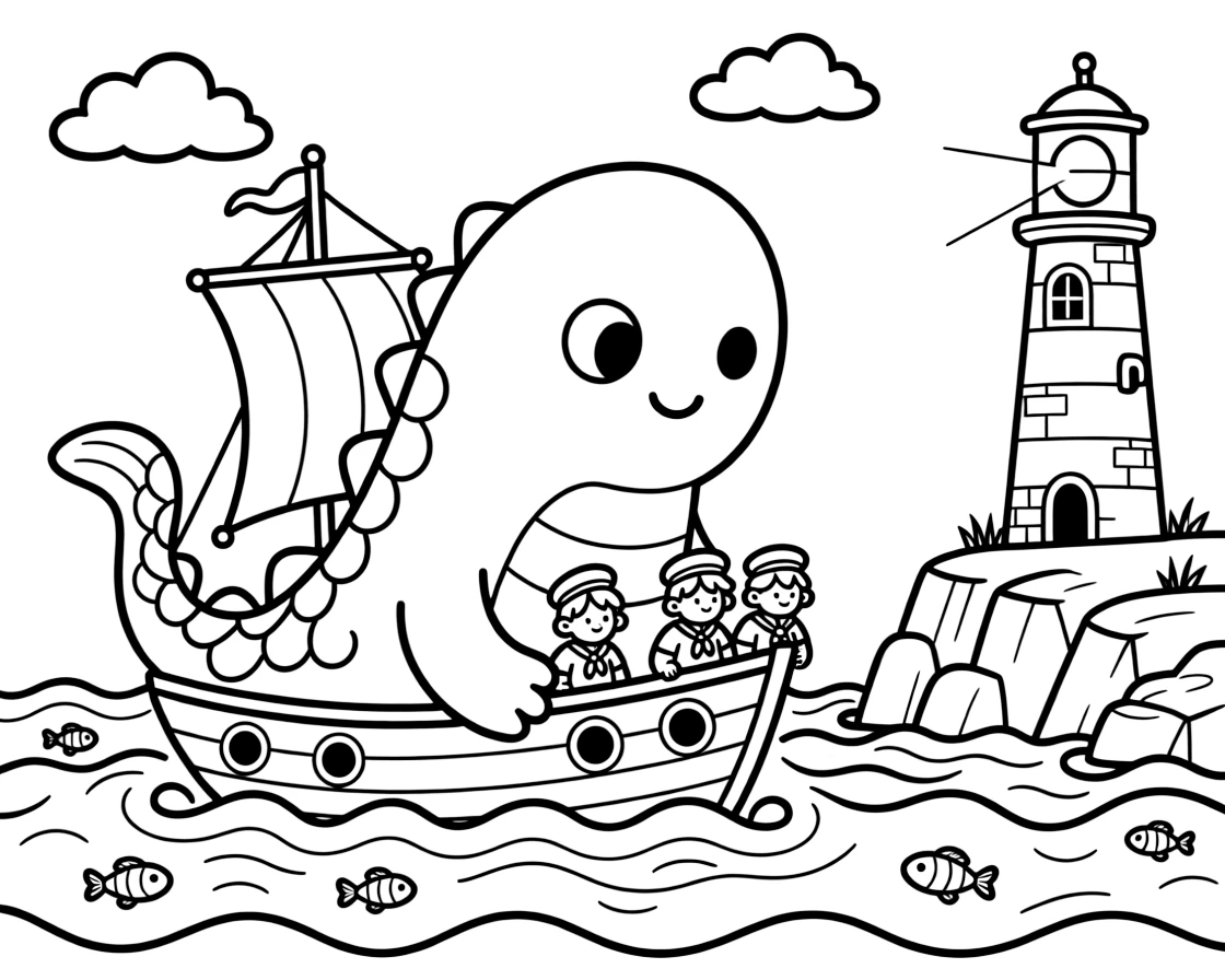 A colossal sea monster with gentle eyes lifts a stranded ship on its back, carrying it safely toward a lighthouse on a rocky shore.