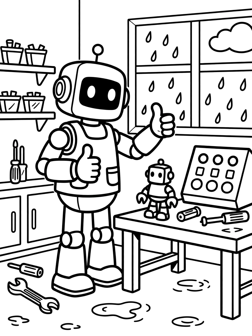 [Robots] A dynamic scene shows a robot with clawed hands building a small robot friend inside a busy robot workshop, giving a confident thumbs-up. Close by, blinking lights decorate its control panel. Its metal joints show simple hinge lines. The moment unfolds just after a rainstorm, with a light drizzle just ending, filled with energetic detail perfect for a young colorist.