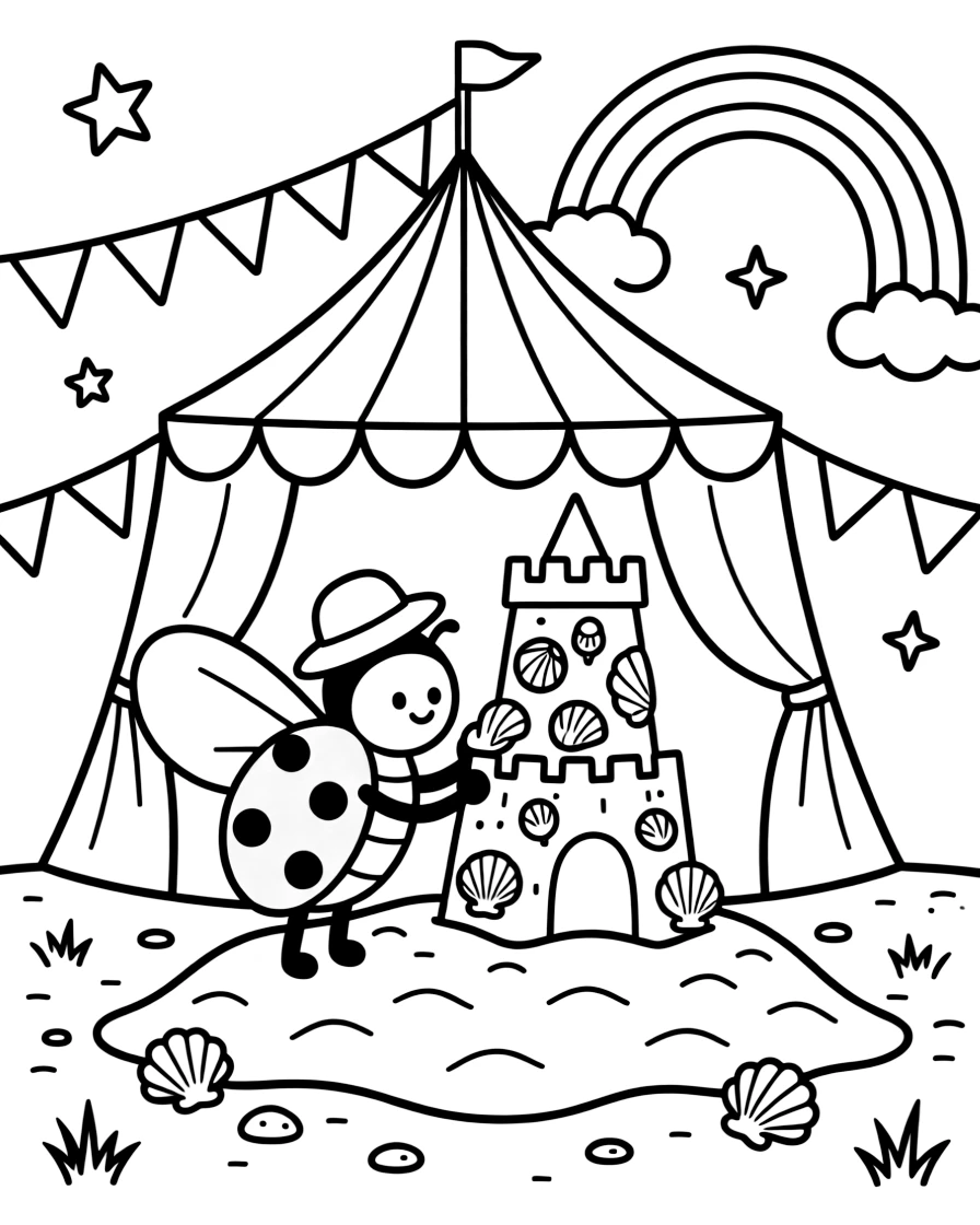 A bright orange ladybug is building a tall sandcastle decorated with seashells inside a circus tent during a cheerful show. Nearby, a soft rainbow arching overhead and sparkling stars scattered across the sky fill the page with charm.
