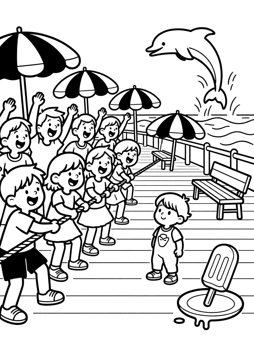 A crowd cheering at a tug-of-war contest at a bustling boardwalk with striped umbrellas, while a shy toddler taking it all in looks on nearby, a friendly dolphin leaping from the waves and a popsicle melting in the sun completing the scene.