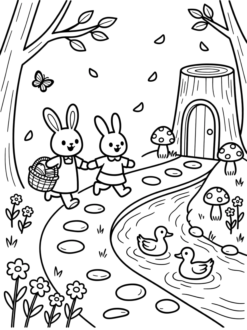 [Enchanted Forest] A cheerful family of rabbits hops along a winding forest trail, baskets in paw for a woodland picnic. Butterflies flutter between wildflowers while a family of ducks waddles across the path toward a stream. A ring of spotted mushrooms circles an old tree stump carved into a tiny door, with pebbles forming a winding path. A gentle breeze rustles the leaves overhead, scattering a few petals across the forest floor.