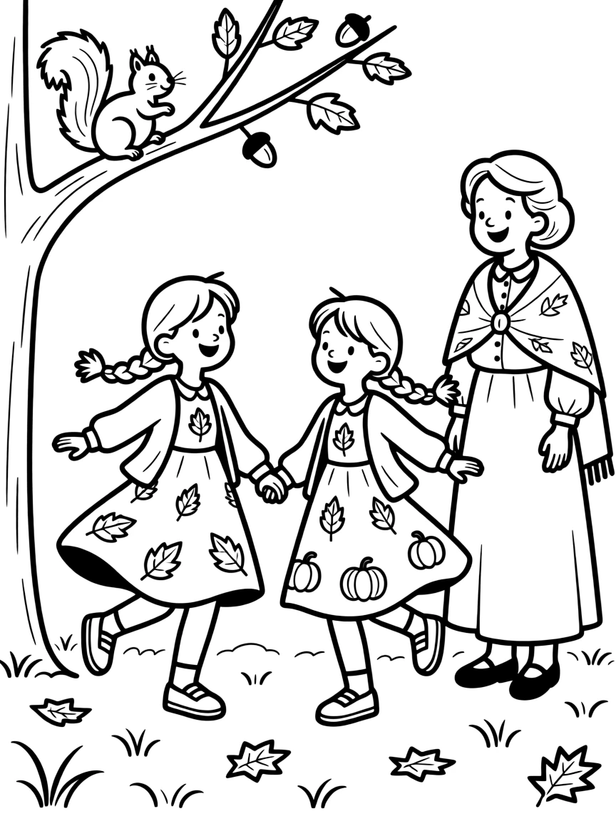 Twin sisters twirling in a new outfit during a harvest festival with a grandmother while a squirrel peeks from a branch.