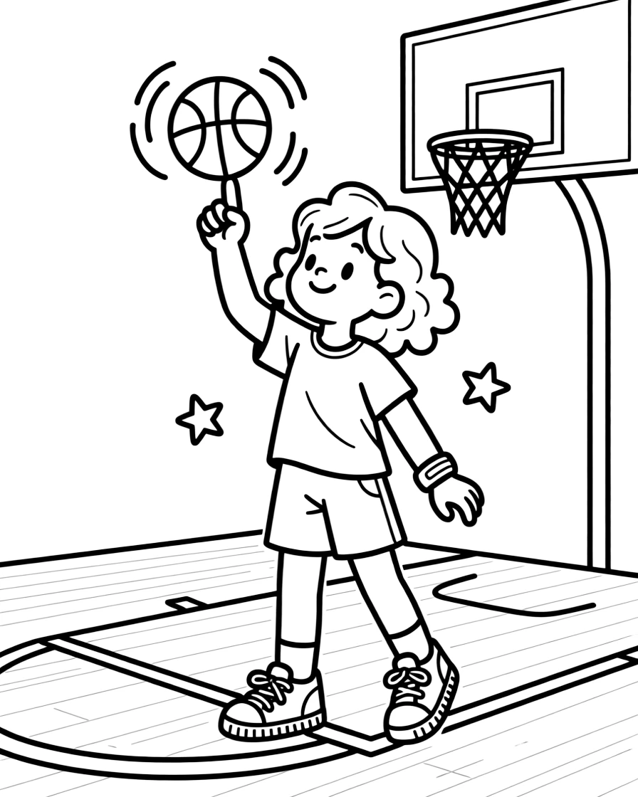 A little girl with curly hair, spinning the basketball on one finger to celebrate after sinking the buzzer-beater shot.