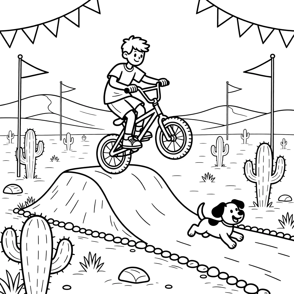 A BMX bike popping a wheelie over a dirt ramp takes center stage in a golden desert dotted with cacti and distant sand dunes, where an excited puppy chasing along the road can be seen nearby, surrounded by colorful flags fluttering from every corner.