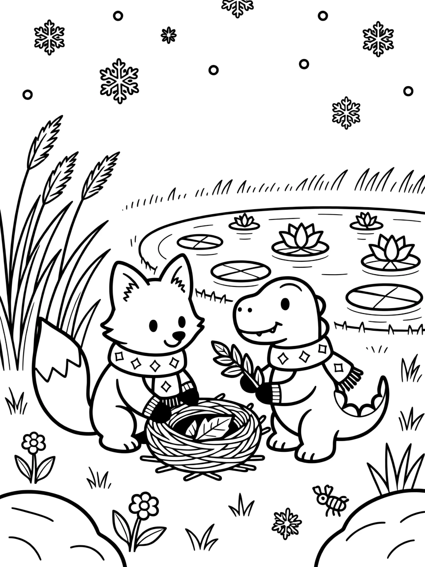 A arctic fox building a tiny nest together with a T-Rex hatchling in a field of tall grass, near a water lily pond, as gentle snowflakes drift down.
