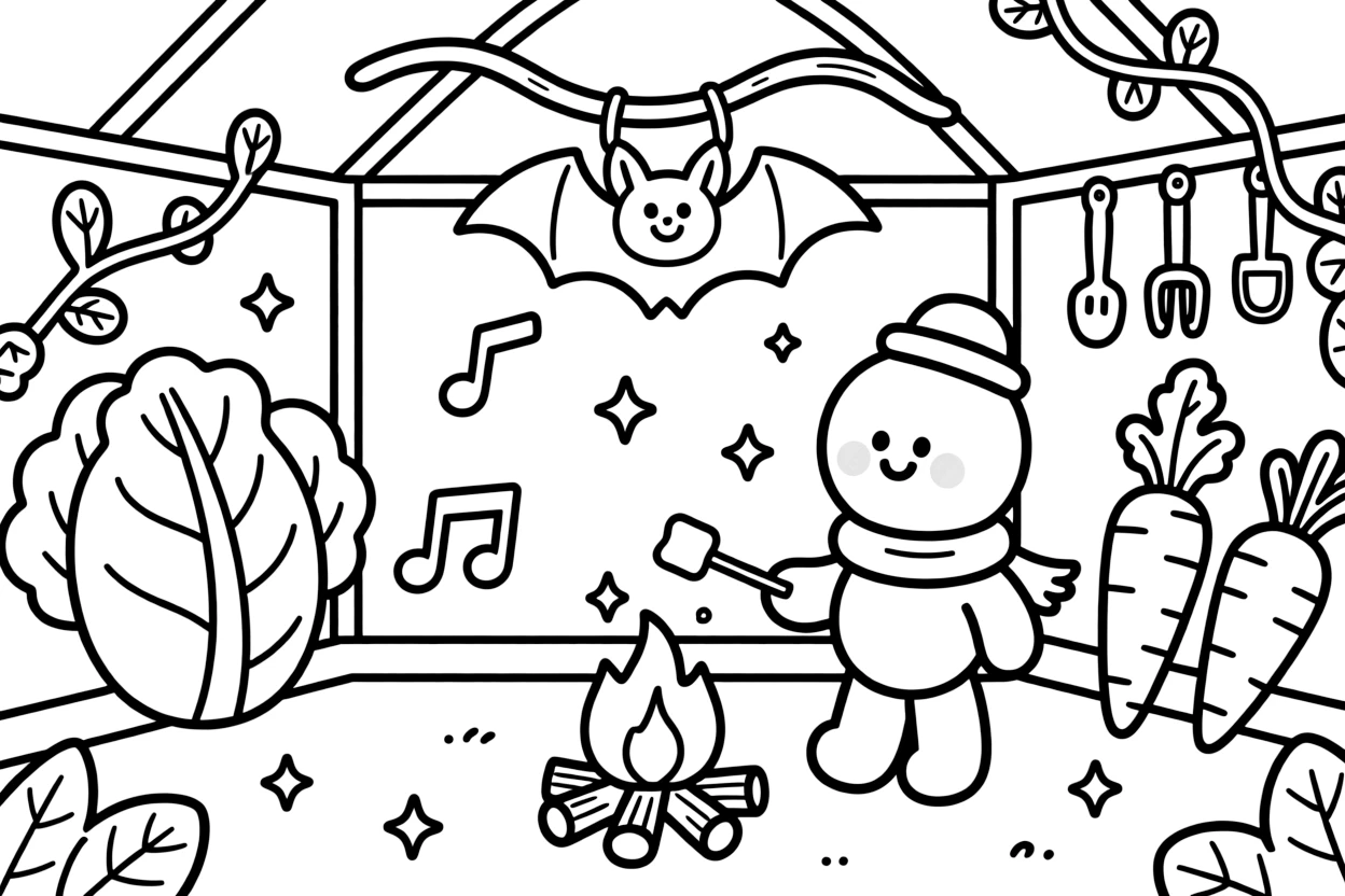 At a space station greenhouse growing giant vegetables, a brave balloon animal come to life is busy roasting marshmallows over a crackling campfire, cheered on by musical notes floating playfully in the air and a friendly bat hanging upside down nearby. Sparkles and stars fill the air with magic.