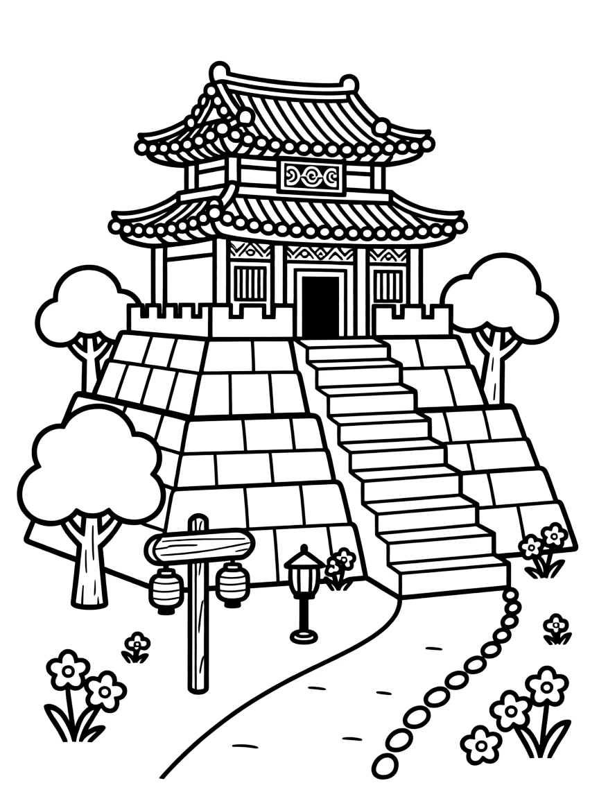 A coloring page inviting kids to explore South Korea through the tiered stone terraces and painted eaves of a mountaintop palace, with small trees, flowers, and a signpost welcoming visitors nearby.