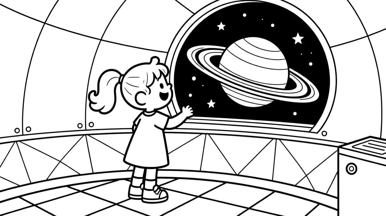 a giggling little girl watches Saturn's rings through an observatory dome window at night.