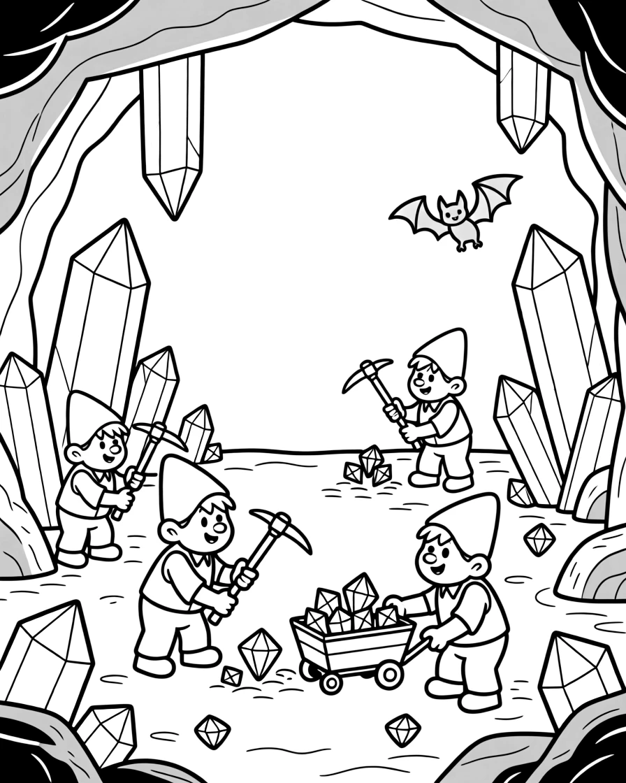 A crystal cave glitters with towering amethyst formations while gnomes mine glowing gems using pickaxes, loading them into carts pulled by tiny bats.