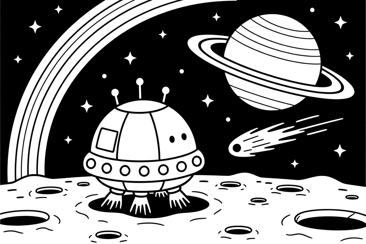 [Spaceships] A dynamic scene shows a chunky space cruiser landing gently on a cratered moon near a ringed gas giant, letting out a triumphant roar. Close by, a comet streaks past with a glowing tail. Tiny portholes line the ship's hull. The moment unfolds under a starry night sky, with a rainbow arching overhead, filled with energetic detail perfect for a young colorist.