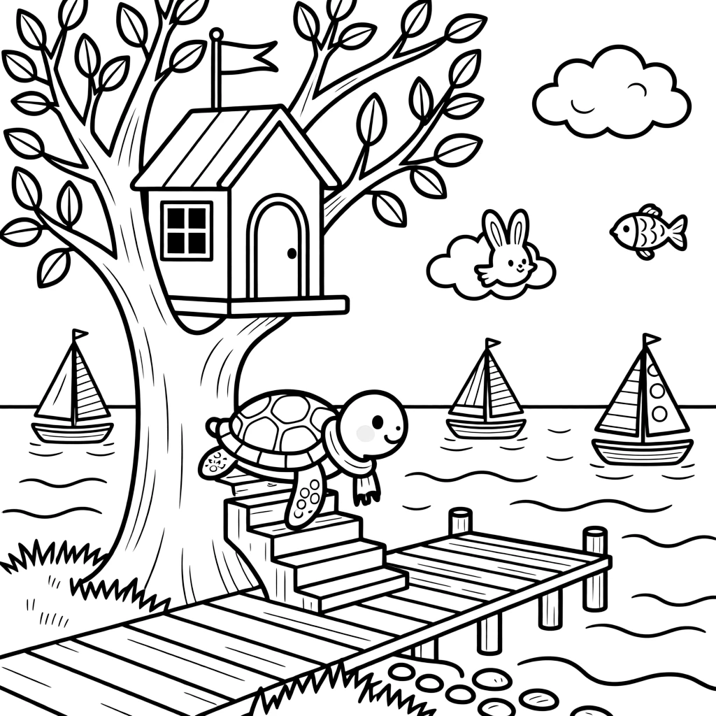 A gentle sea turtle is climbing up to a treehouse hideaway on a wooden dock by a calm lake. In the background, fluffy clouds shaped like little animals and little sailboats bobbing on the horizon add a sprinkle of wonder to the moment.