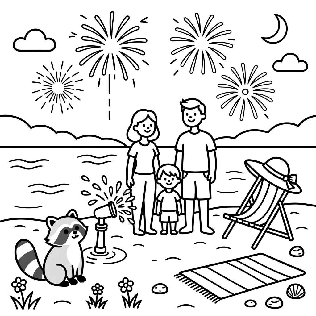 A family watching fireworks over a lake in a backyard with a colorful sprinkler running, alongside a round raccoon and a sunhat resting on a beach chair, with a beach towel spread on the sand close by.