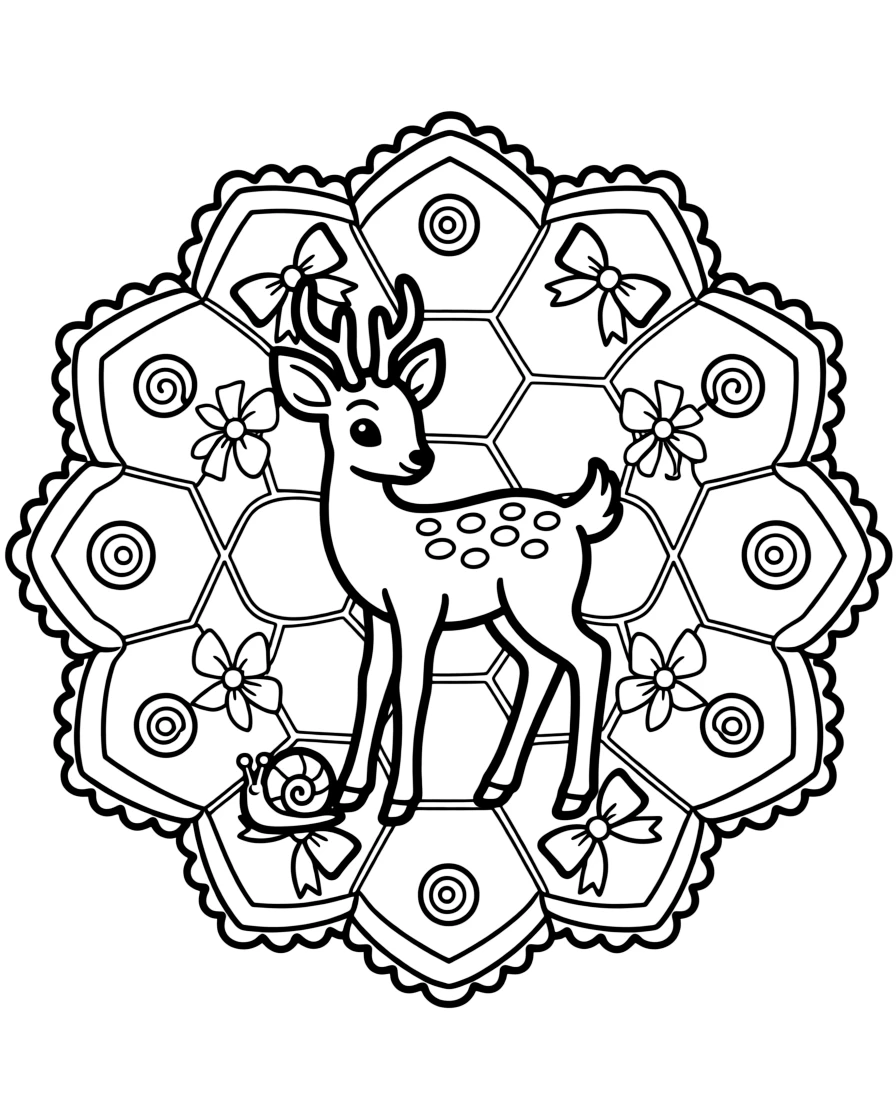 Woodland Animals: The main subject is a deer fawn with small spotted flanks, drawn as the focal point of a honeycomb mandala tiled from small hexagon cells. It is positioned in the middle of the page so the design radiates outward evenly in every direction. Decorative details fill the surrounding space, including delicate lace-edged fringes, loops shaped like small bows, and tightly coiled spiral shells woven throughout the background. A playful extra touch completes the page: a little snail resting quietly on one of the larger shapes.
