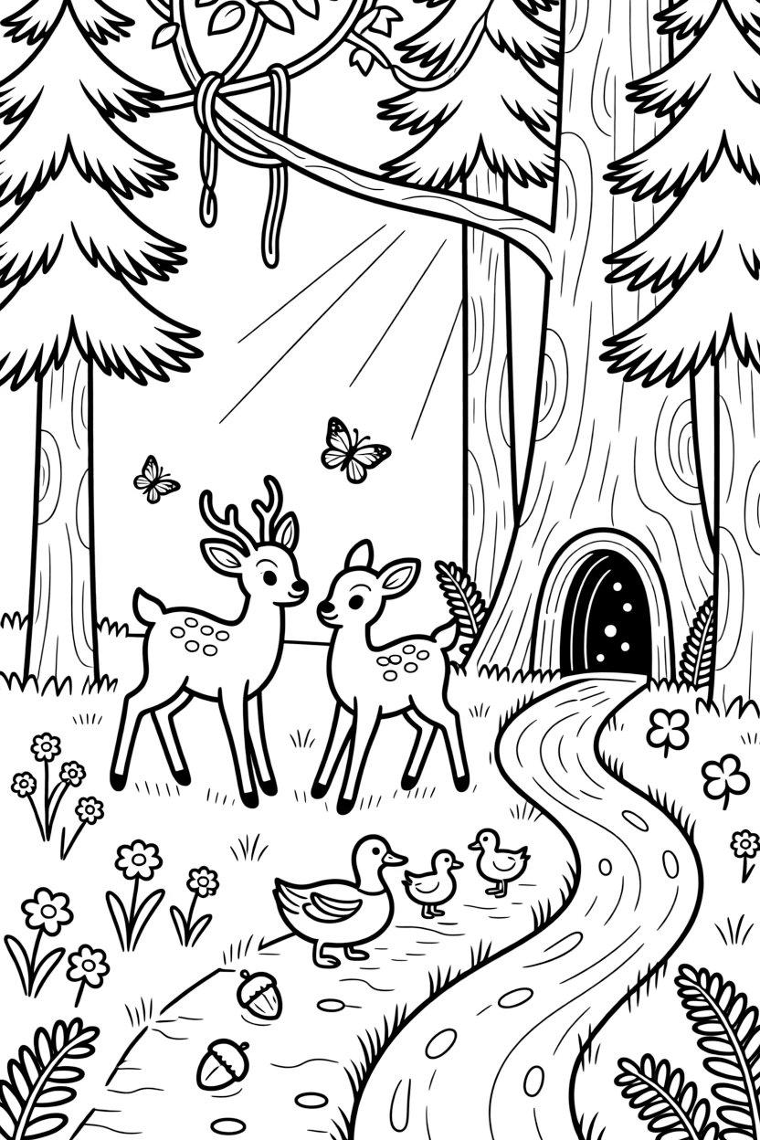 [Enchanted Forest] Two young deer play tag around a cluster of tall pine trees in a sunlit forest clearing. Butterflies flutter between wildflowers while a family of ducks waddles across the path toward a stream. Twisting vines hang from the branches above a hollow log den, surrounded by patches of ferns and clover. Sunlight filters through the leaves, and a trail of fallen acorns leads toward a hidden clearing sparkling with morning dew.