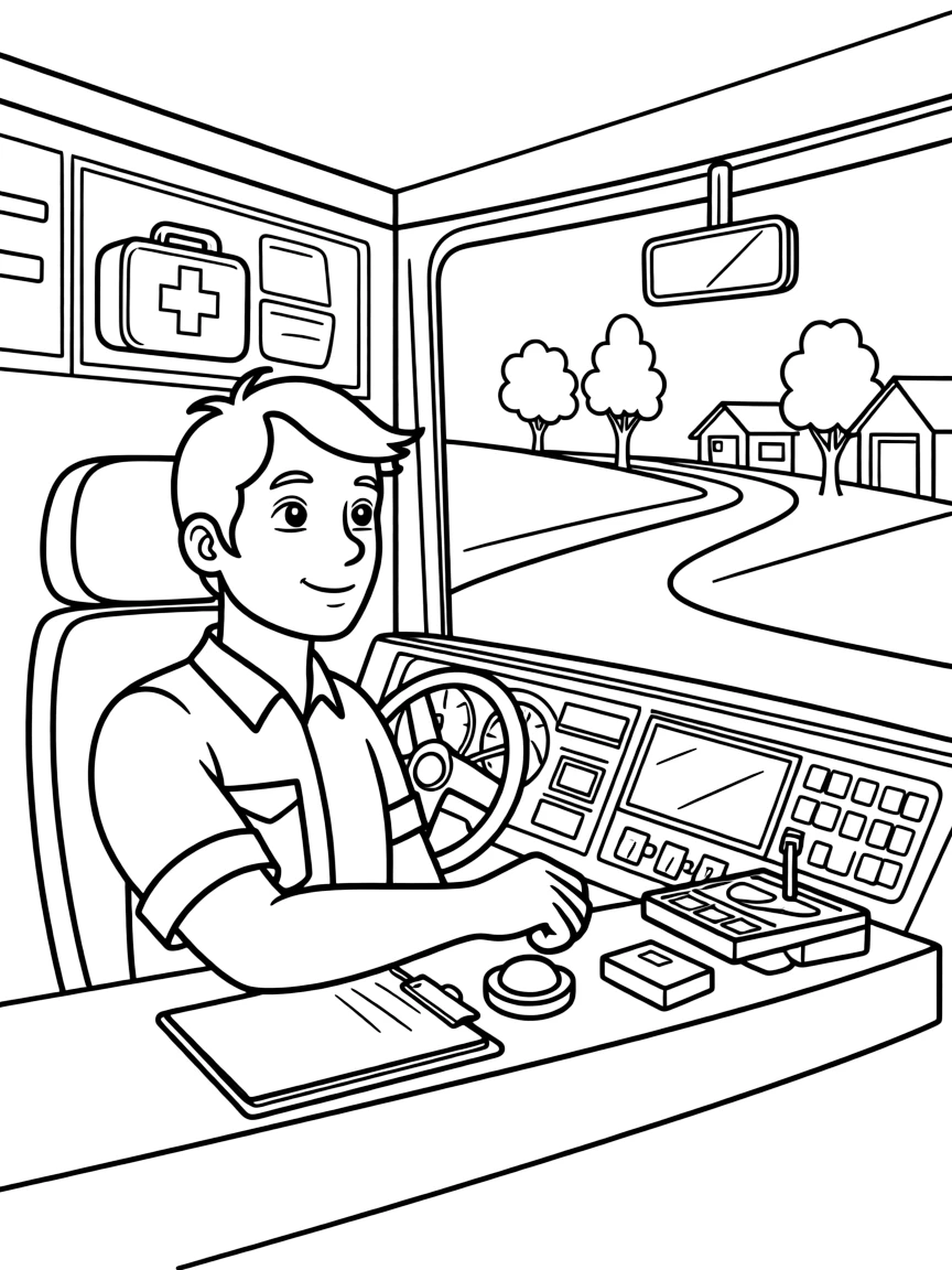 An ambulance driver checks the dashboard equipment before speeding off to an emergency call.