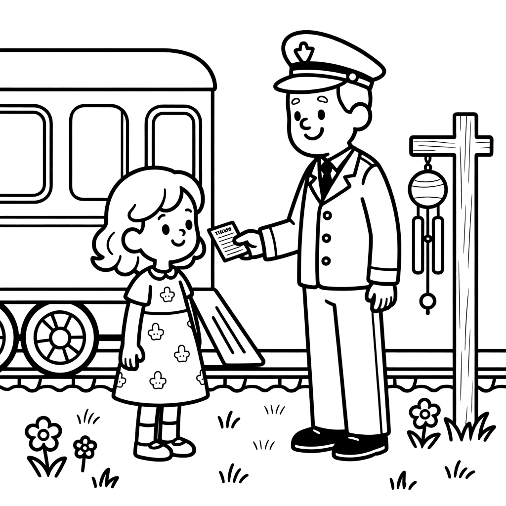 A dreamy-eyed girl getting a ticket punched by a train conductor as a wind chime tinkles softly.