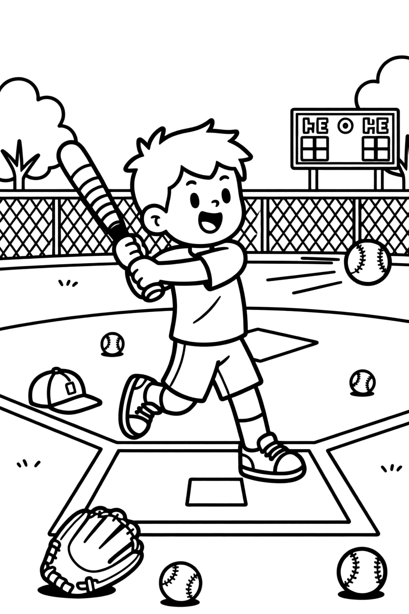 A cheerful young boy, swinging the bat with all their might as the pitcher's fastball crosses home plate.