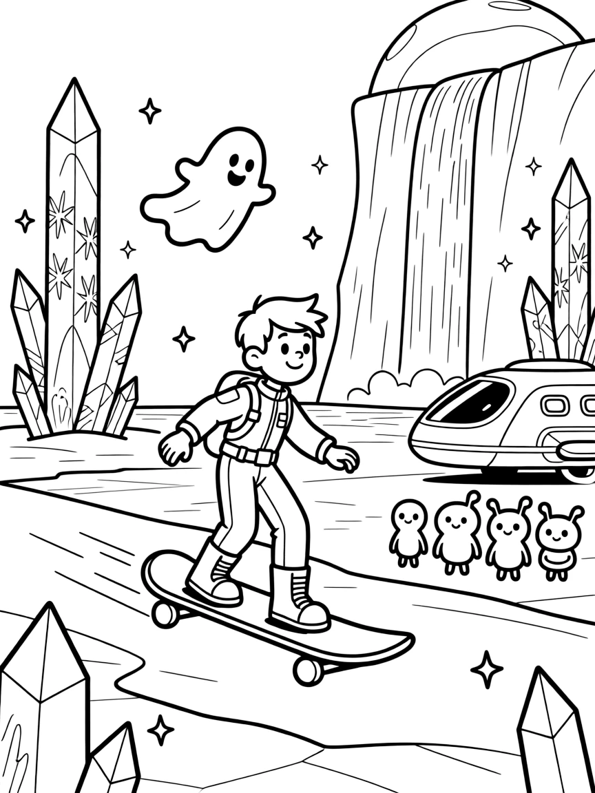 Pilot Atlas zooming along on a gravity board welcoming new alien pen pals off a shuttle at the spaceport in a shimmering ice planet dotted with crystal spires, as a waterfall of sparkling light cascading down a cliff and a friendly ghost-like hologram guide floating alongside fill the scene.