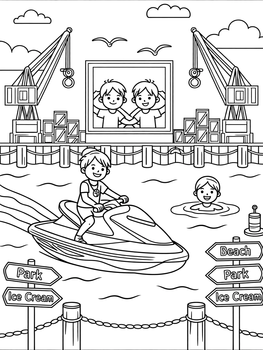 A lifeguard jet ski racing toward a swimmer takes center stage in a busy harbor lined with docks, cranes, and stacked crates, where twin siblings pressing their faces to the window can be seen nearby, surrounded by road signs pointing toward fun destinations.