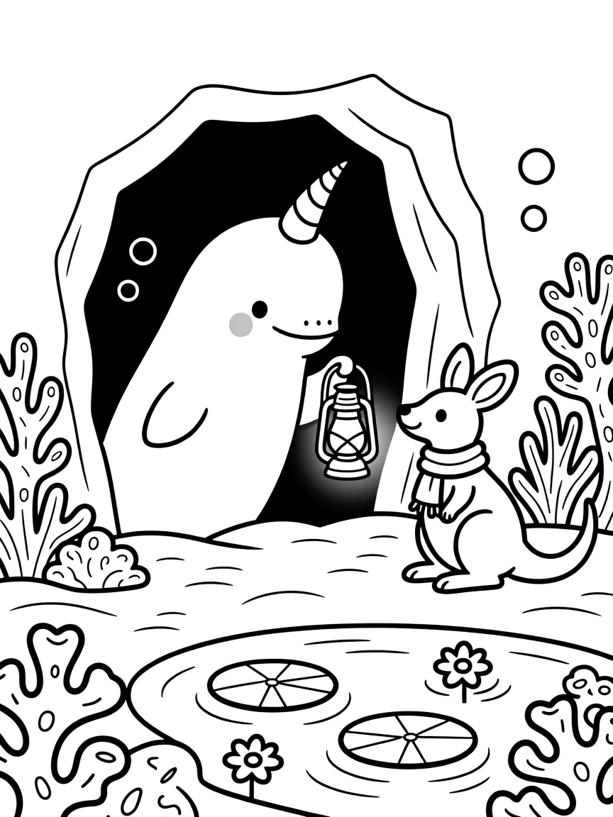 A narwhal exploring a cave with a lantern beside a kangaroo joey in a coral reef, near a lily pad pond.