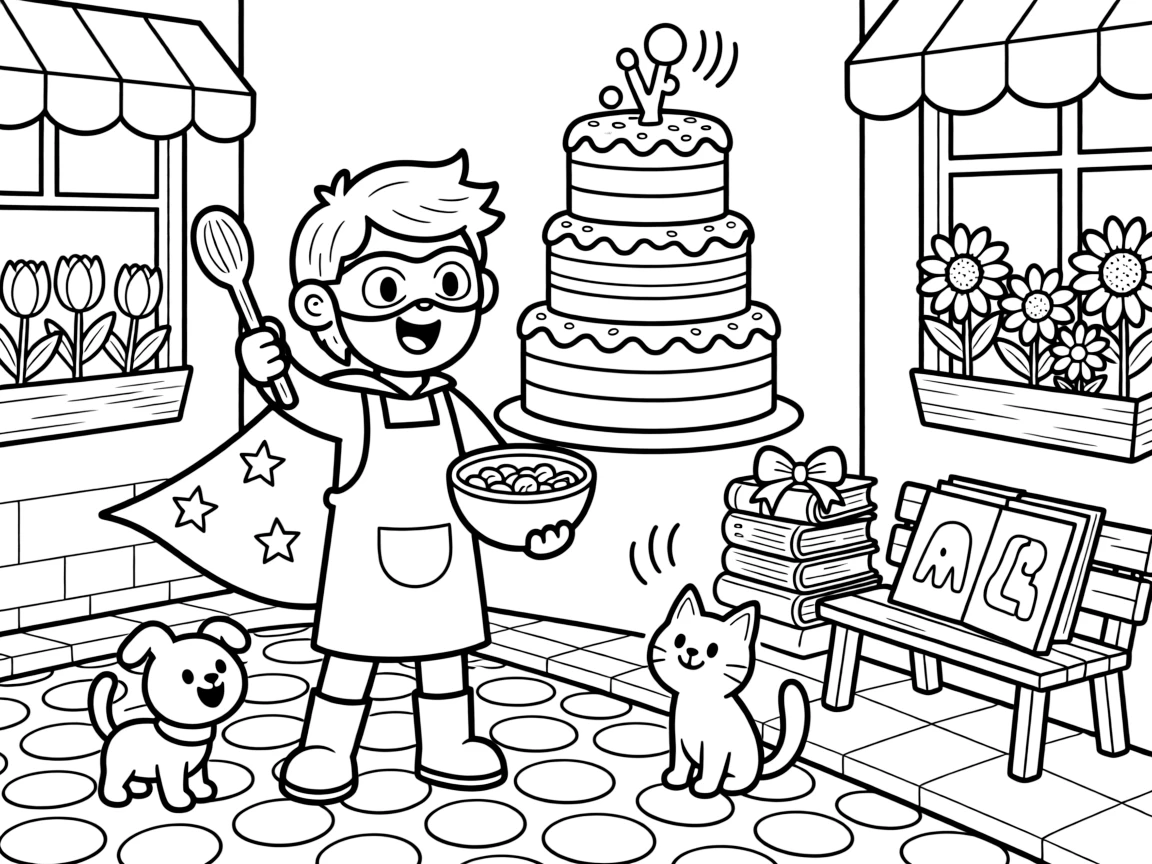 Bright-eyed and full of excitement, a taco superhero spends the day baking a rainbow layer cake taller than the room on a cobblestone street lined with flower shops. Nearby, a stack of picture books tied with ribbon adds to the fun. Little cheers of excitement fill the air.