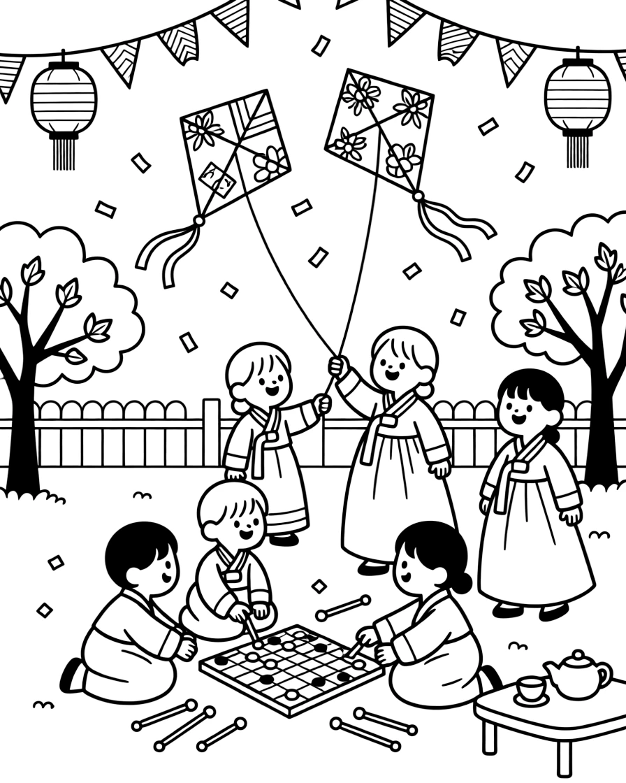A coloring page capturing a joyful festival moment in South Korea: children flying colorful kites and playing yut nori board games during Seollal (Lunar New Year), surrounded by smiling children, decorations, and confetti in the air.