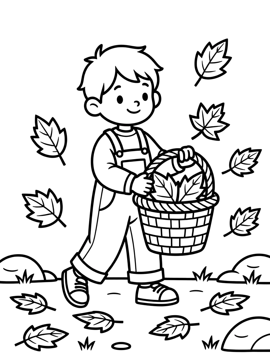 a mischievous small child collects fallen leaves of different shapes and colors in a woven basket.